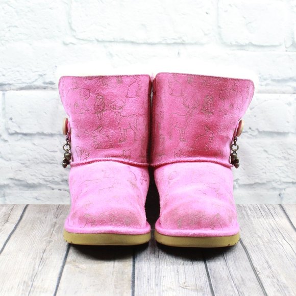 UGG Australia Fauna Princess Pink Suede Sheepskin Button Charm Winter Boots US 4 - Picture 5 of 10